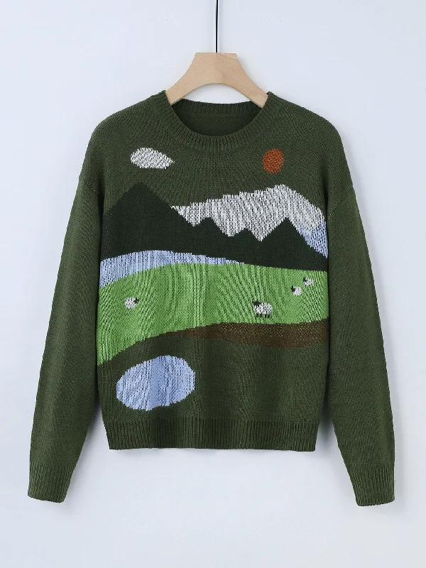 Casual Landscape Print Long Sleeve Round Neck Regular Women Sweater Edgy Women's Punk