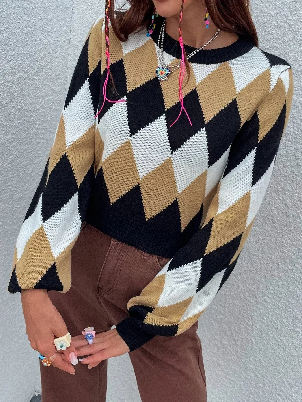 Preppy Geometric Long Sleeve Round Neck Crop Women Sweater Traditional Women's 