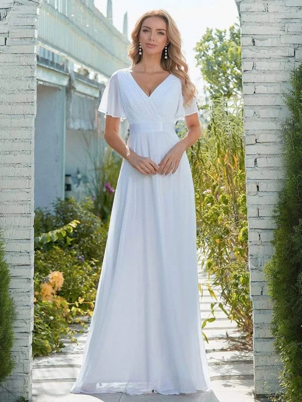 Simple Wedding Dress Chiffon V-Neck Short Sleeves Backless A-Line Long Bridal Gowns Unique Women's Upcycled