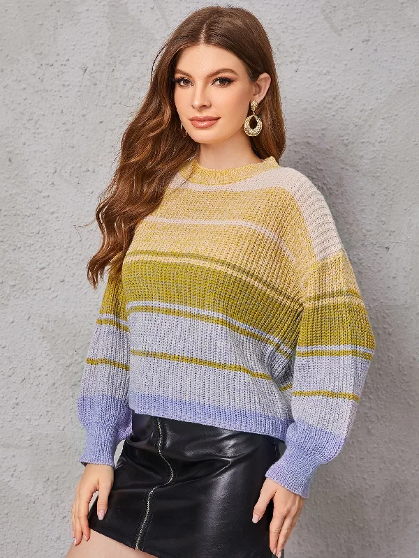 Casual Striped Long Sleeve Round Neck Crop Women Sweater Dapper Women's Bow - adorned