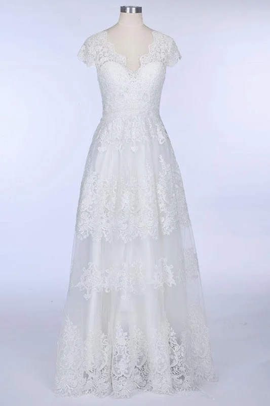 Best Cap Sleeve V-neck Sweep Train Wedding Dress Minimalist Women's Casual