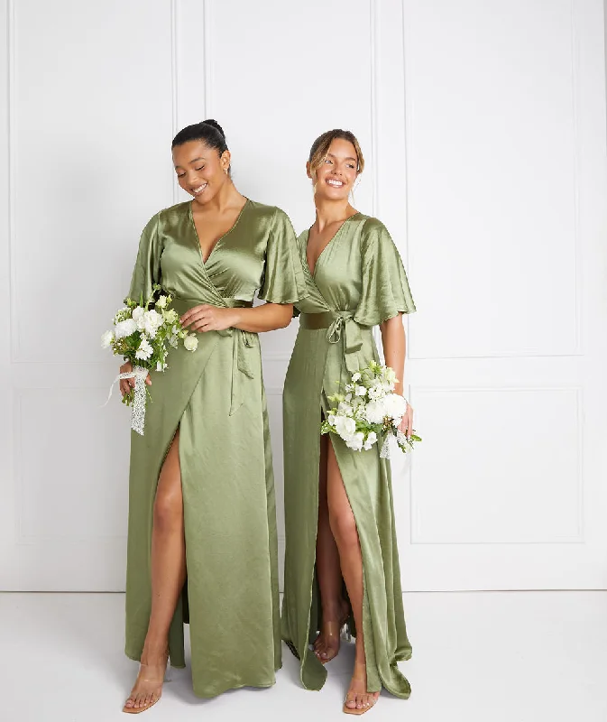 Wrap Tie Satin Bridesmaid Dress - Moss Green Trendy Women's Oversized