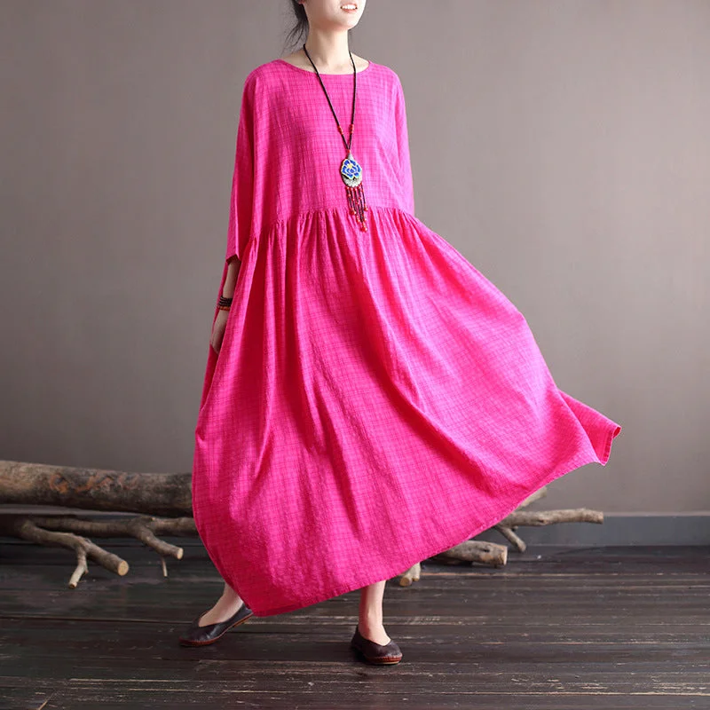Round Neck Plaid Loose Cotton Midi Dress Polished Women's Silk