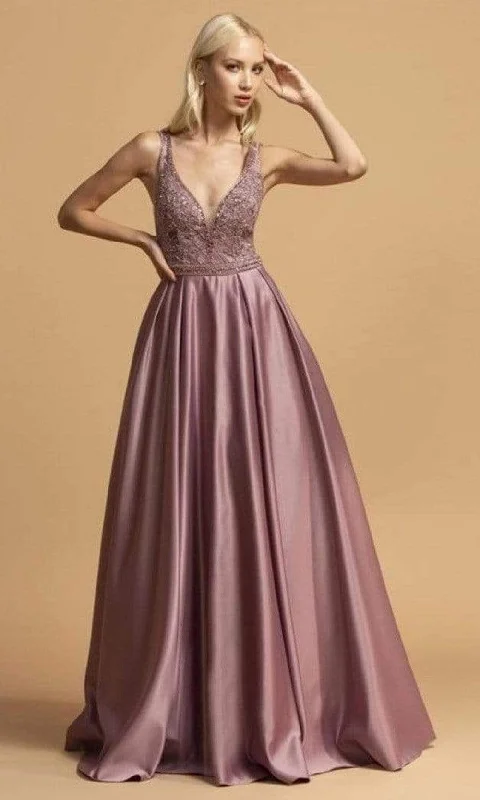 Aspeed Design - L2001 Embroidered Deep V Neck Satin A-Line Gown garde