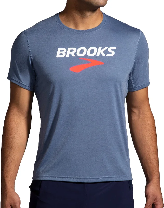 Brooks Distance Graphic Short Sleeve Mens Running Top - Blue Compression