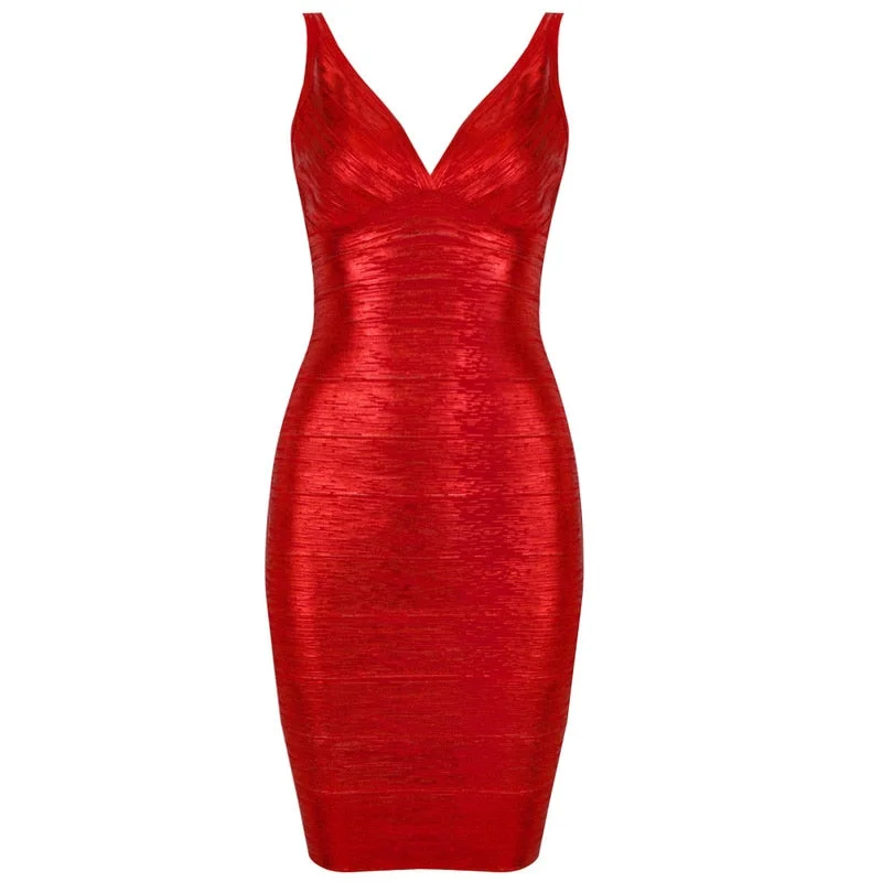 Sleeveless Deep V-neck Foil Print Bandage Midi Dress (4 colors) Cozy Women's Winter