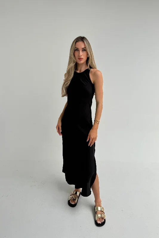 Elsa High Neck Satin Dress In Black Streetwear Style for 