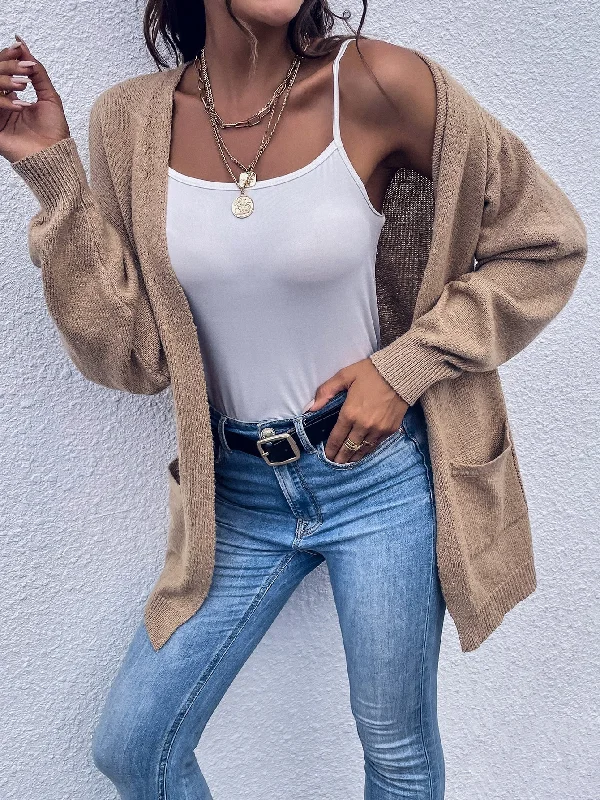 Casual Plain Pocket Long Sleeve Short Women Cardigan Contemporary 