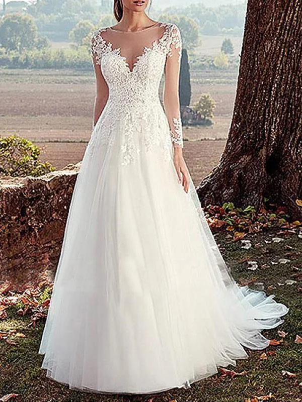Wedding Dress 2021 V Nevk A Line Long Sleeve Floor Length Lace Applique Tulle Bridal Dresses With Train Bohemian Women's Free