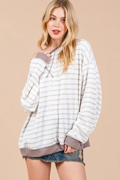 Ces Femme Striped Round Neck Drop Shoulder Sweatshirt Gym