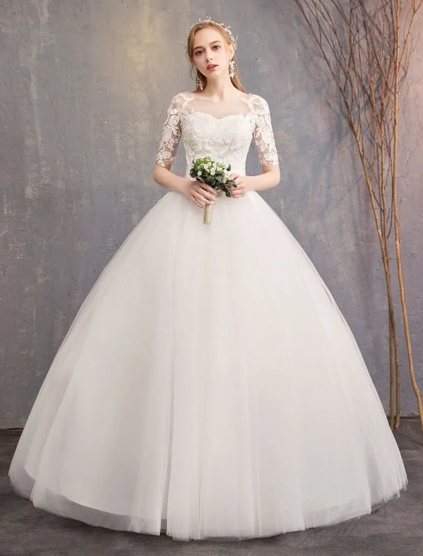 Lace Wedding Dresses Ivory Illusion Neckline Half Sleeve Floor Length Princess Wedding Dress Modern Women's Tech