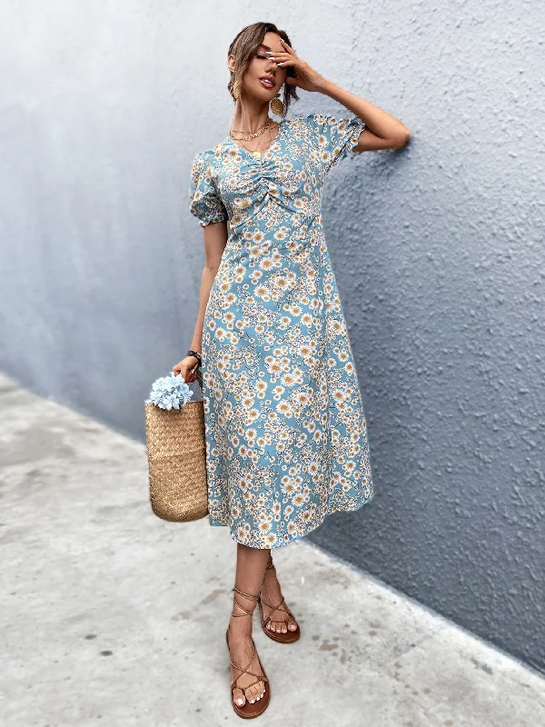 All Over Print Frill Short Sleeve V Neck Flared High Waist Long Dress Refined Women's 