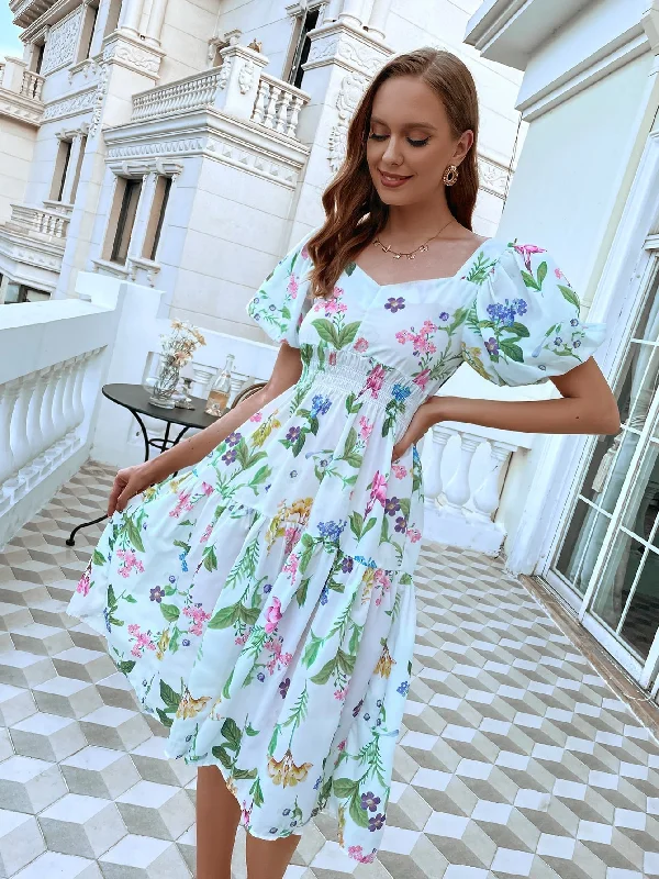 Floral Shirred Short Sleeve Sweetheart Flounce High Waist Midi Dress Streetwear Style for 