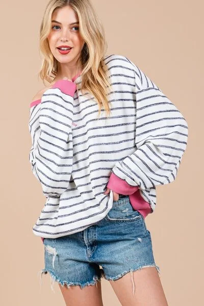 Ces Femme Striped Round Neck Drop Shoulder Sweatshirt Sharp Women's Italian