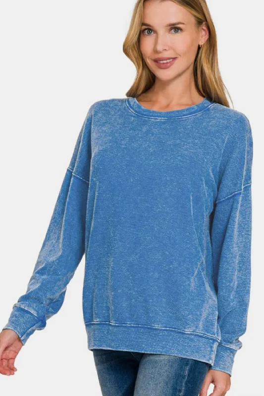Zenana Washed Round Neck Dropped Shoulder Sweatshirt Hip Women's Retro