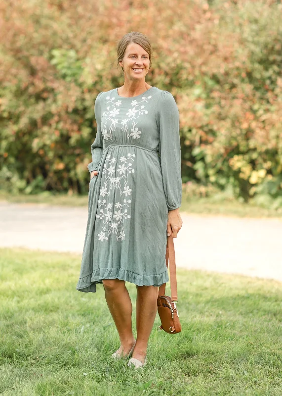 Embroidered Round Neck Long Sleeve Midi Dress - FINAL SALE Cozy Women's Sherpa - lined
