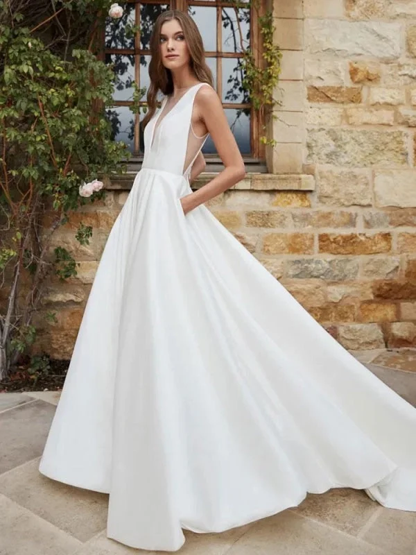 White Simple Wedding Dress A-Line With Train V-Neck Sleeveless Pockets Satin Fabric Bridal Gowns Monochromatic All - in - one