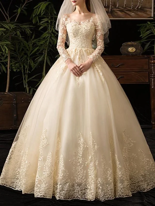 A-Line Wedding Dresses Scoop Neck Floor Length Lace Long Sleeve Glamorous See-Through Illusion Sleeve European