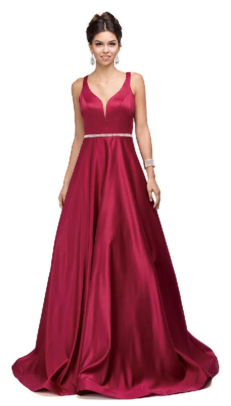 Dancing Queen Bridal - 9754 Classic Long Satin Prom Dress with V-back and Plunging Neckline Unique Women's Upcycled