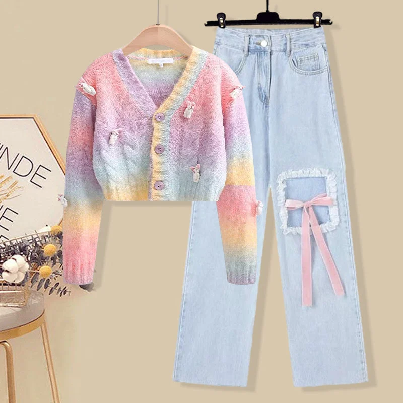 Rainbow knit cardigan + casual trousers PL51979 Vintage Women's 1970S 