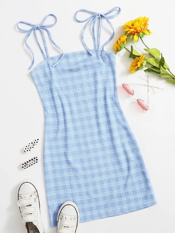 Plaid Knot Sleeveless Spaghetti Strap Pencil Natural Short Womens Dress Artistic Women's Hand - painted