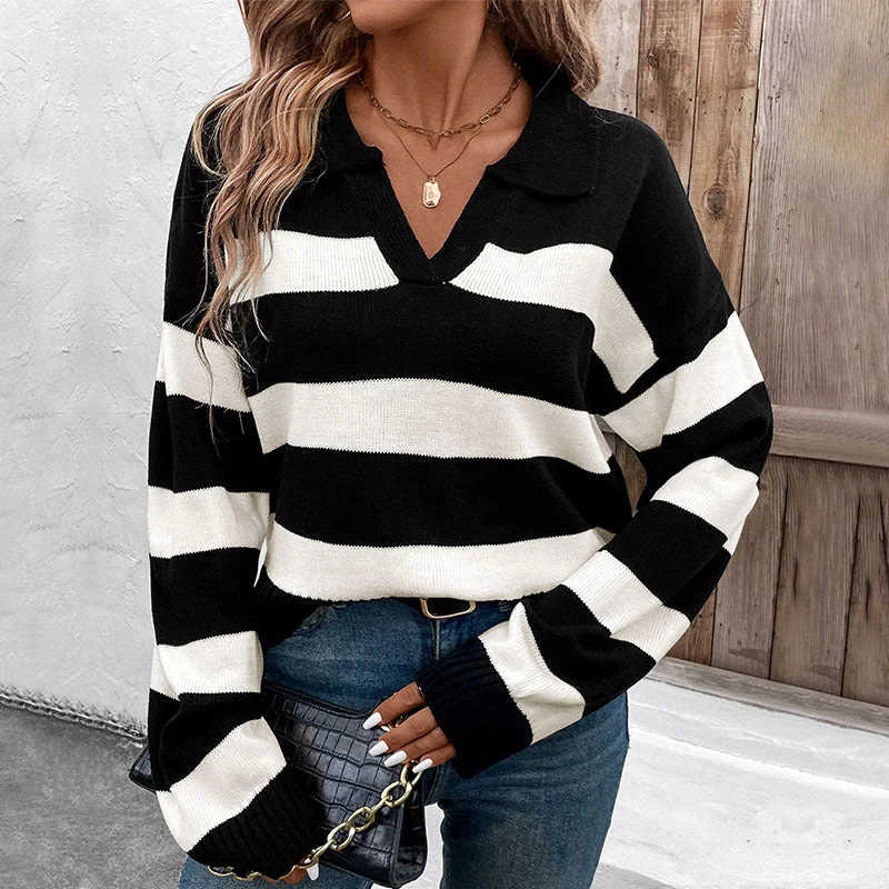 Long Sleeve Lapel Striped Sweater Wholesale Womens Clothing N3824080900001 Modern Women's 