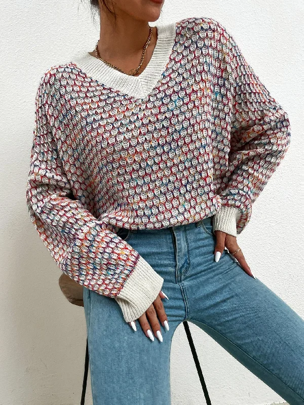 Casual All Over Print Long Sleeve V Neck Regular Women Sweater Monochromatic Office Style