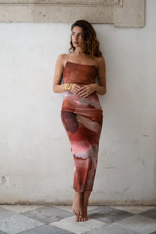 Caterina Rust Abstract Mesh Midi Dress Bold Women's Animal Print