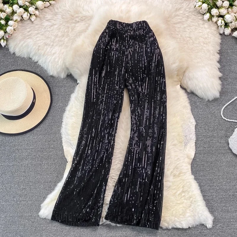 new elastic waist casual trousers sequined pants    S4174 Refined Women's 