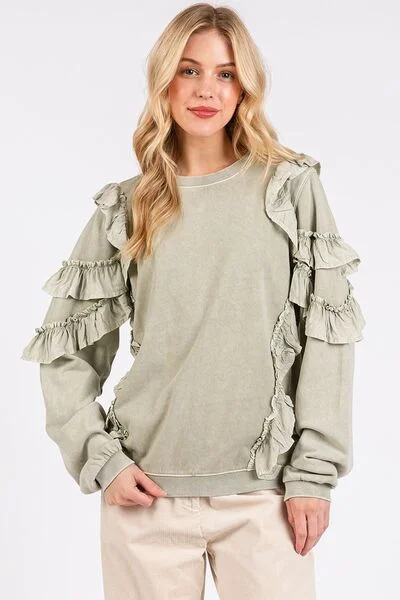 Mittoshop Ruffled Mineral Washed Round Neck Long Sleeve Sweatshirt Trendy Women's 