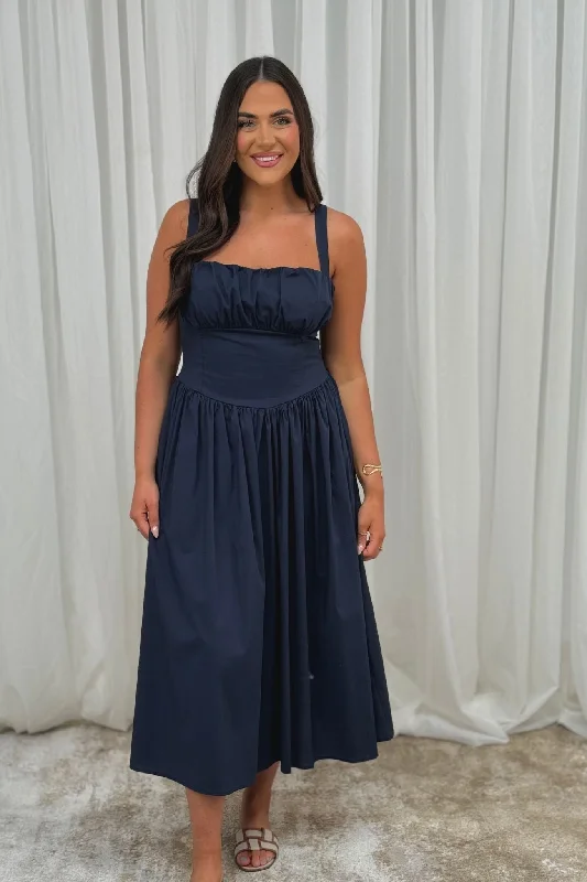 Erica Corset Waist Midi Dress In Navy Geometric