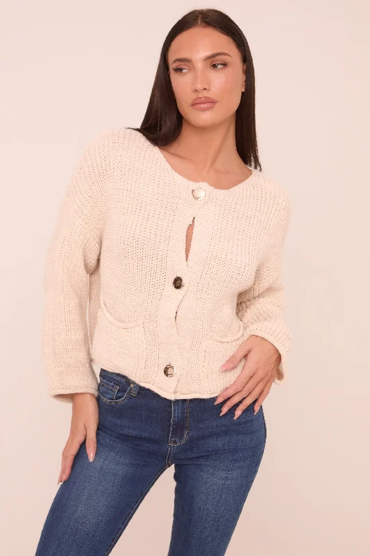 Beige Knit Round Neck Long Sleeves Cardigan - Edna Casual Women's Loose - fitting