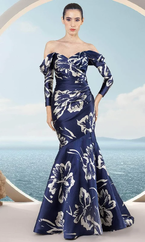 Janique 2601 - Off Shoulder Floral Evening Dress Polished Women's Silk