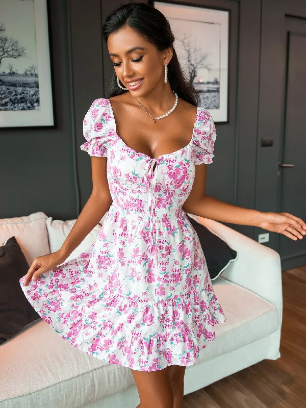 All Over Print Shirred Short Sleeve Sweetheart Flounce High Waist Short Dress Classic Women's Tweed