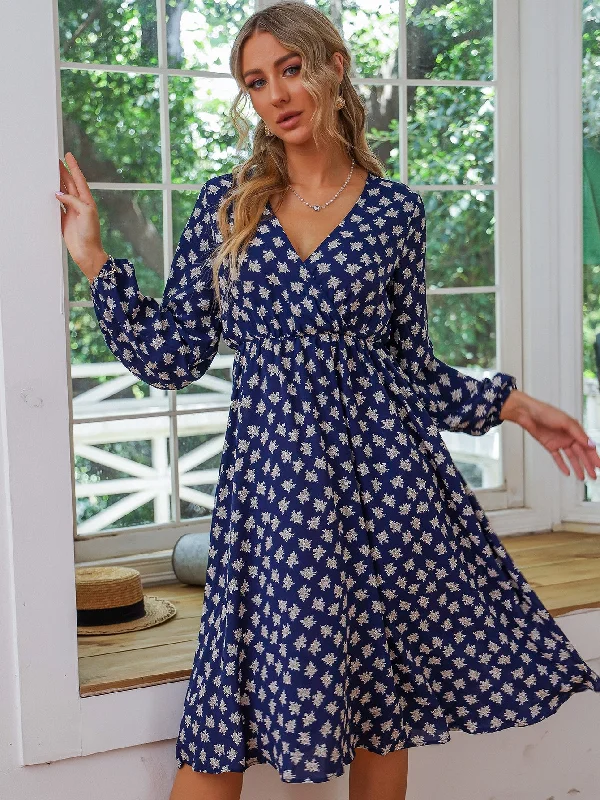 Floral Wrap Long Sleeve V Neck Flared High Waist Knee Length Dress Vacation