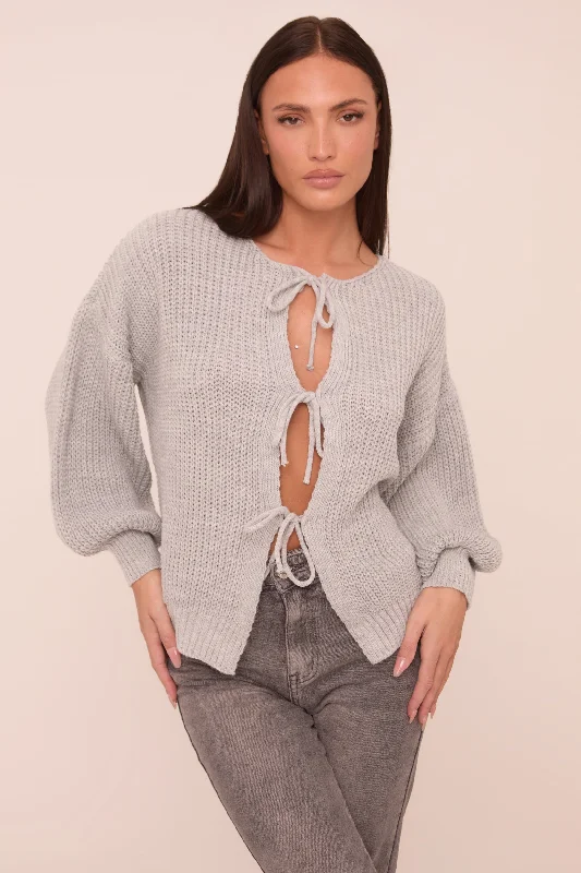 Grey Knit Tie Front Detail Long Sleeves Cardigan - Ava Hip Women's Urban