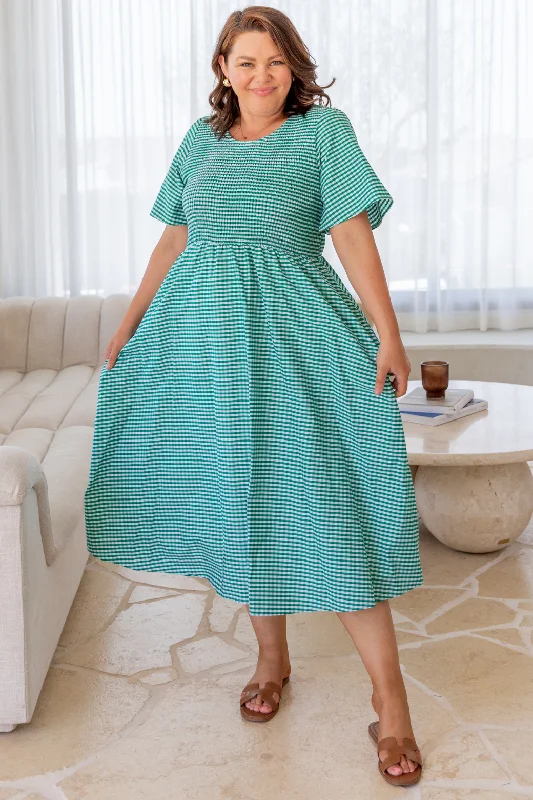 Candace Shirred Midi Dress Green Gingham Vacation