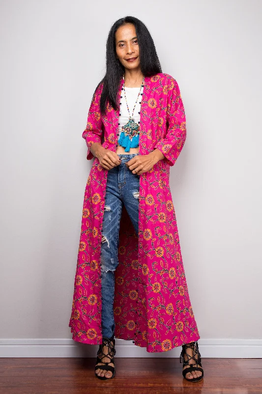 Pink Floral Open Cardigan Traditional Women's 