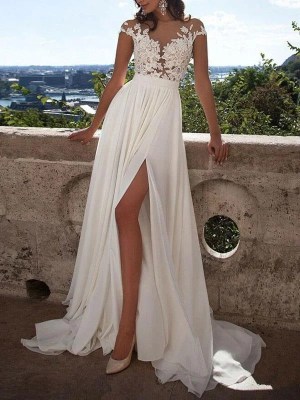 Boho Wedding Dress 2021 A Line V Neck Sleeveless Split Lace Appliqued Beach Bridal Gowns With Sweep Train Casual Women's Japanese 