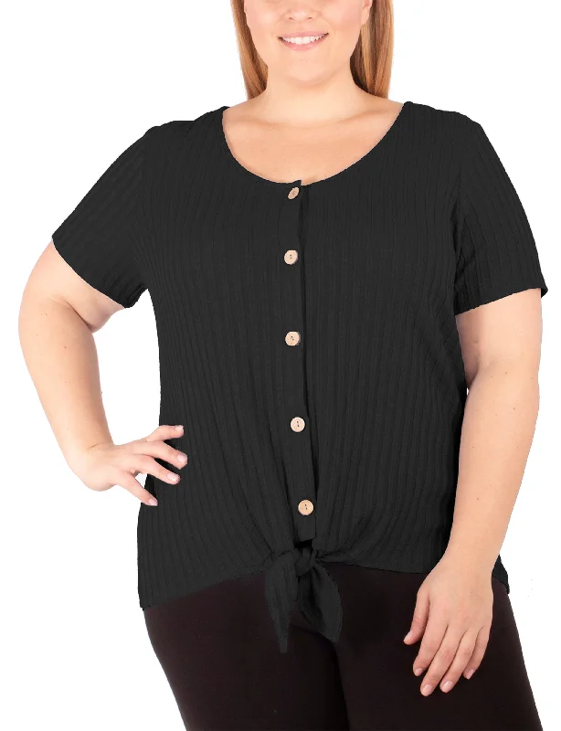 Plus Size Short Sleeve Button Front Top With Tie At Hem Stylish Women's Neon