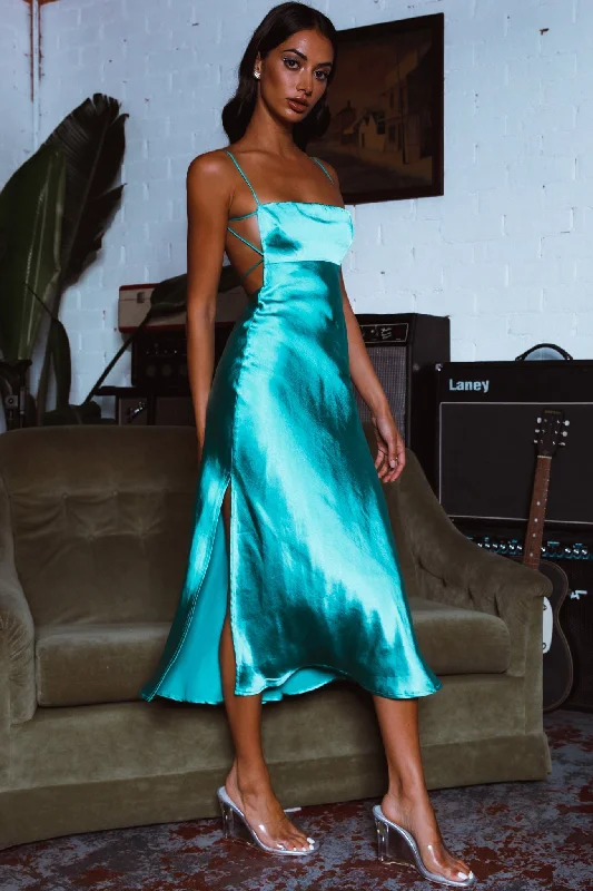 Dolce Life Low Back Midi Dress Teal Classic Women's Tweed