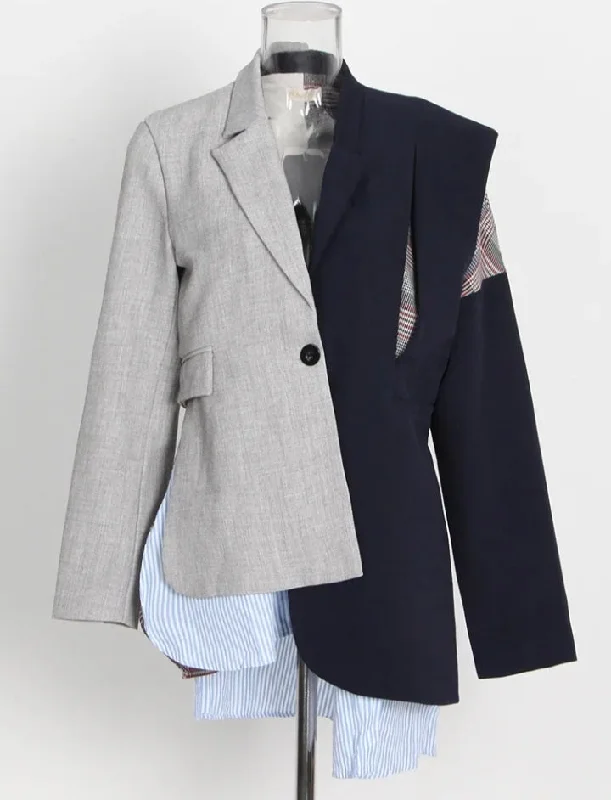 Women's Patchwork Blazer Notched Collar Long Sleeve İrregular Striped Coat Elegant Women's Formal 
