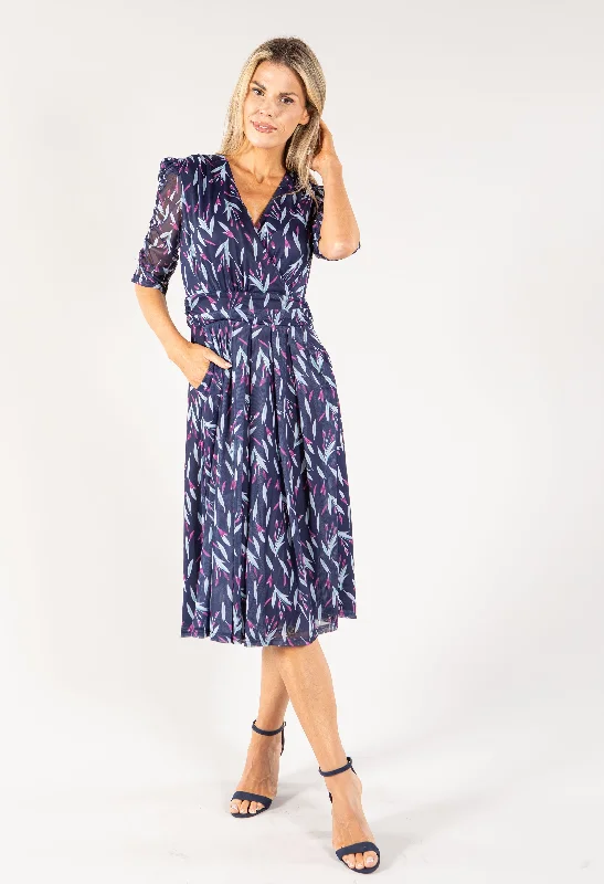 Leaf Print Mesh Wrap Midi Dress Stylish Women's Neon