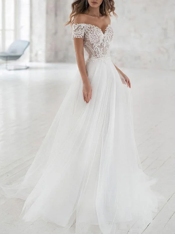 Simple Wedding Dress Tulle Off The Shoulder Short Sleeves Lace A Line Bridal Gowns Refined Women's Hand - crafted