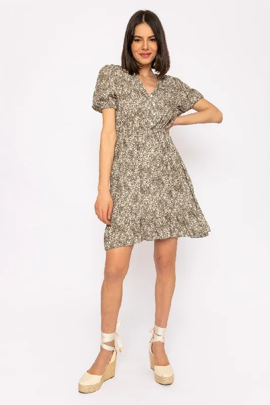 Kimberley Short Dress In Khaki Floral Print Geometric
