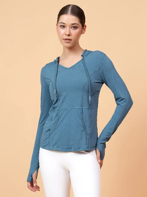 Fitkin Women's Turquoise Self Design Longsleeve Hooded Tshirt Modern Women's Tech