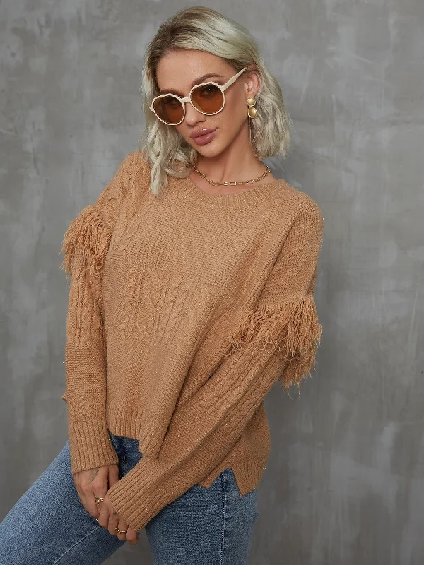 Elegant Plain Fringe Long Sleeve Round Neck Slit Regular Women Sweater Cozy Women's Winter