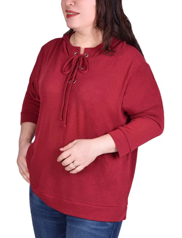 Plus Size Long Sleeve Hoodie Top With Laced Yoke Dynamic Women's High - energy