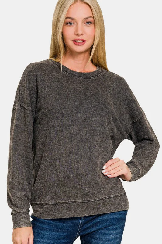 Zenana Washed Round Neck Dropped Shoulder Sweatshirt Athletic Women's 