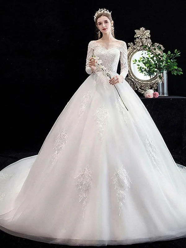 New White Wedding Dress Ball Gown Cathedral Train Jewel Neck 3/4 Length Sleeves Natural Waist Applique Satin Fabric Bridal Dresses Bold Women's Animal Print